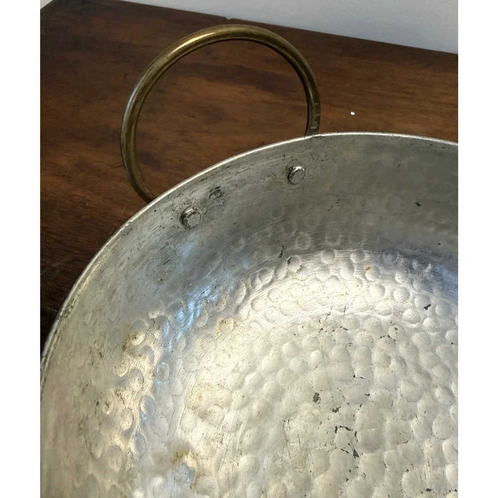 Vintage Hammered Copper Bowl Pot Tin Lined Brass Handles 6